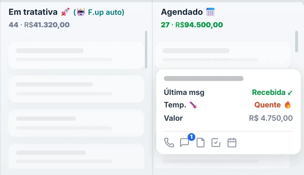 Funil em movimento: card com follow-up automático enviado e reunião agendada