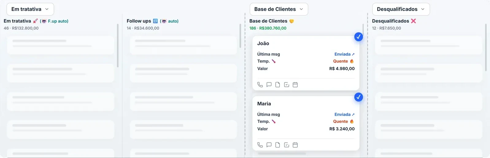 Funil com os estágios Em tratativa, Follow-ups, Base de clientes e Desqualificados