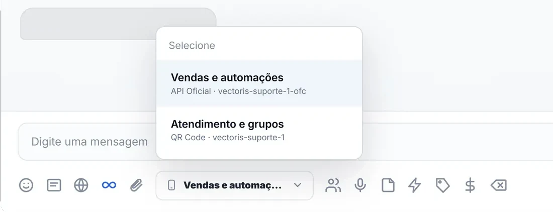 Seletor de número da caixa de entrada com duas opções: Vendas e automações, pela API Oficial, e Atendimento e grupos, por QR Code