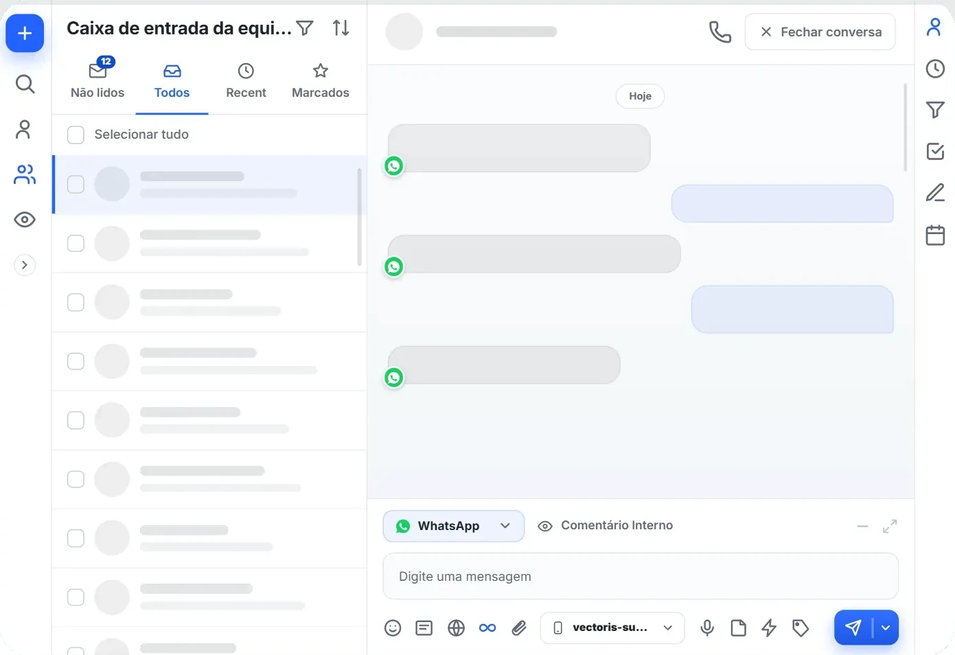 Caixa de entrada da equipe com WhatsApp, Instagram, Facebook e site na mesma tela