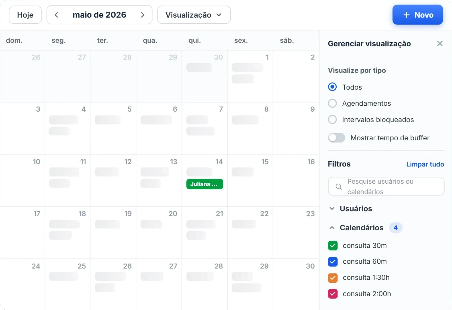 Agenda mensal com calendários por tipo de consulta e um horário marcado