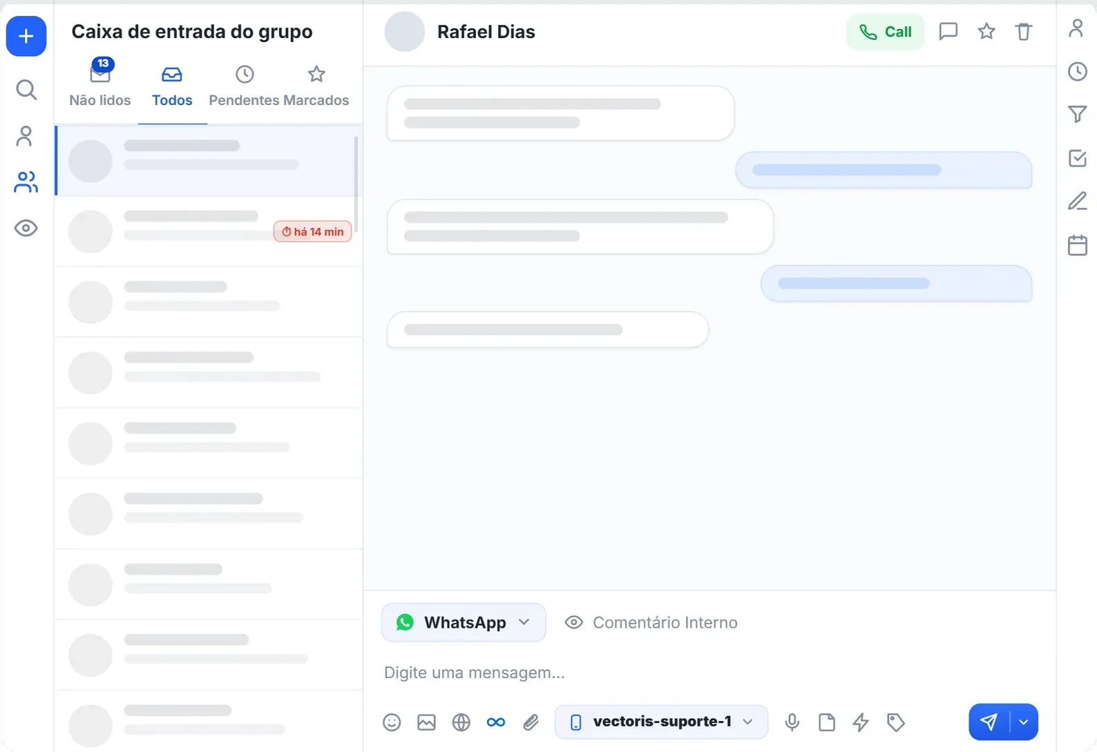 Caixa de entrada do grupo com conversas de vários canais e um atendimento aberto