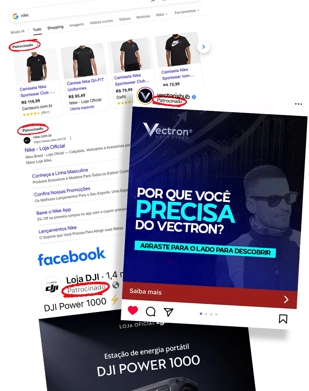 Anúncios no ar: resultados patrocinados na busca do Google, anúncio no Facebook e publicação patrocinada no Instagram