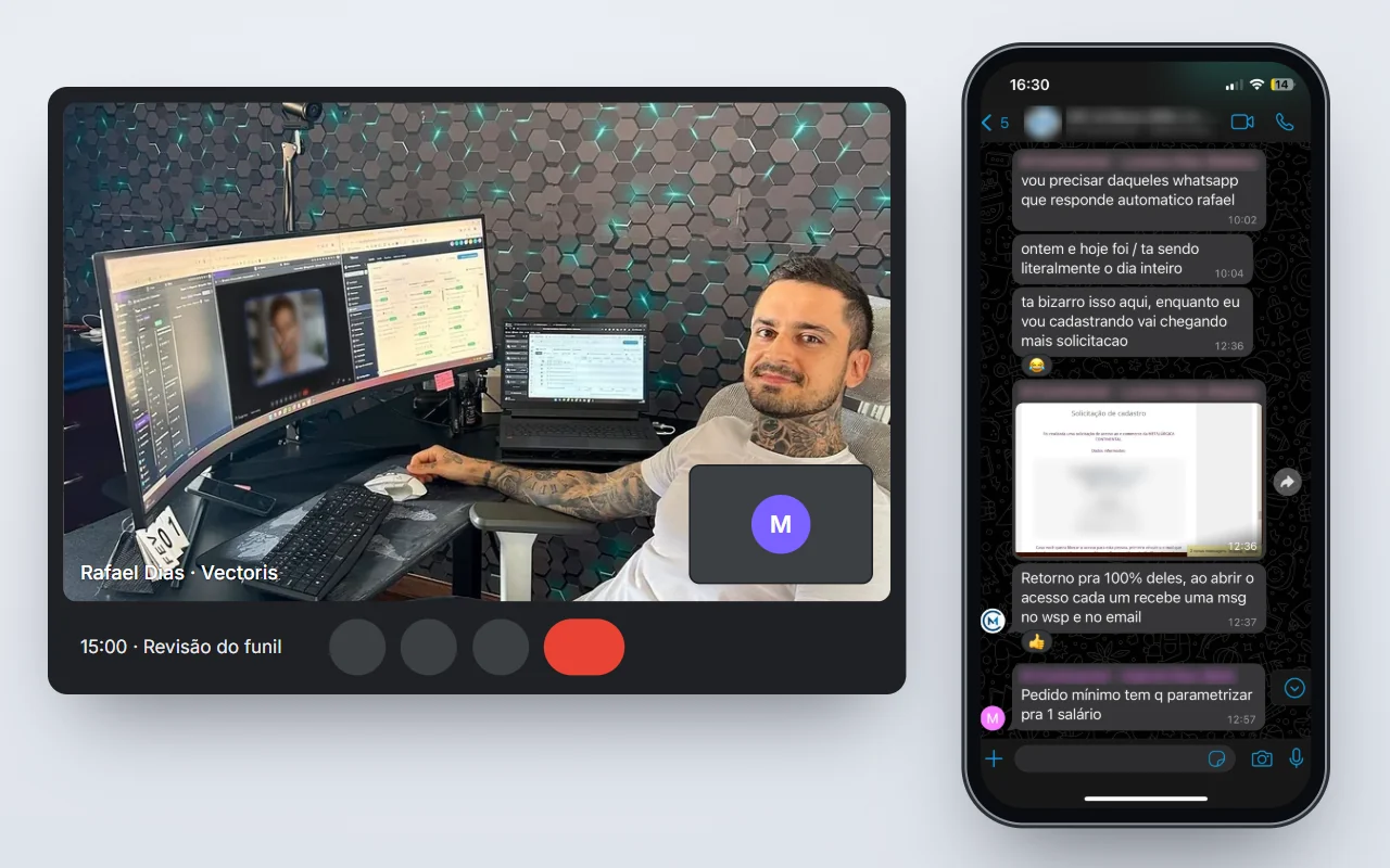 Reunião pelo Google Meet e conversa pelo WhatsApp com a equipe Vectoris