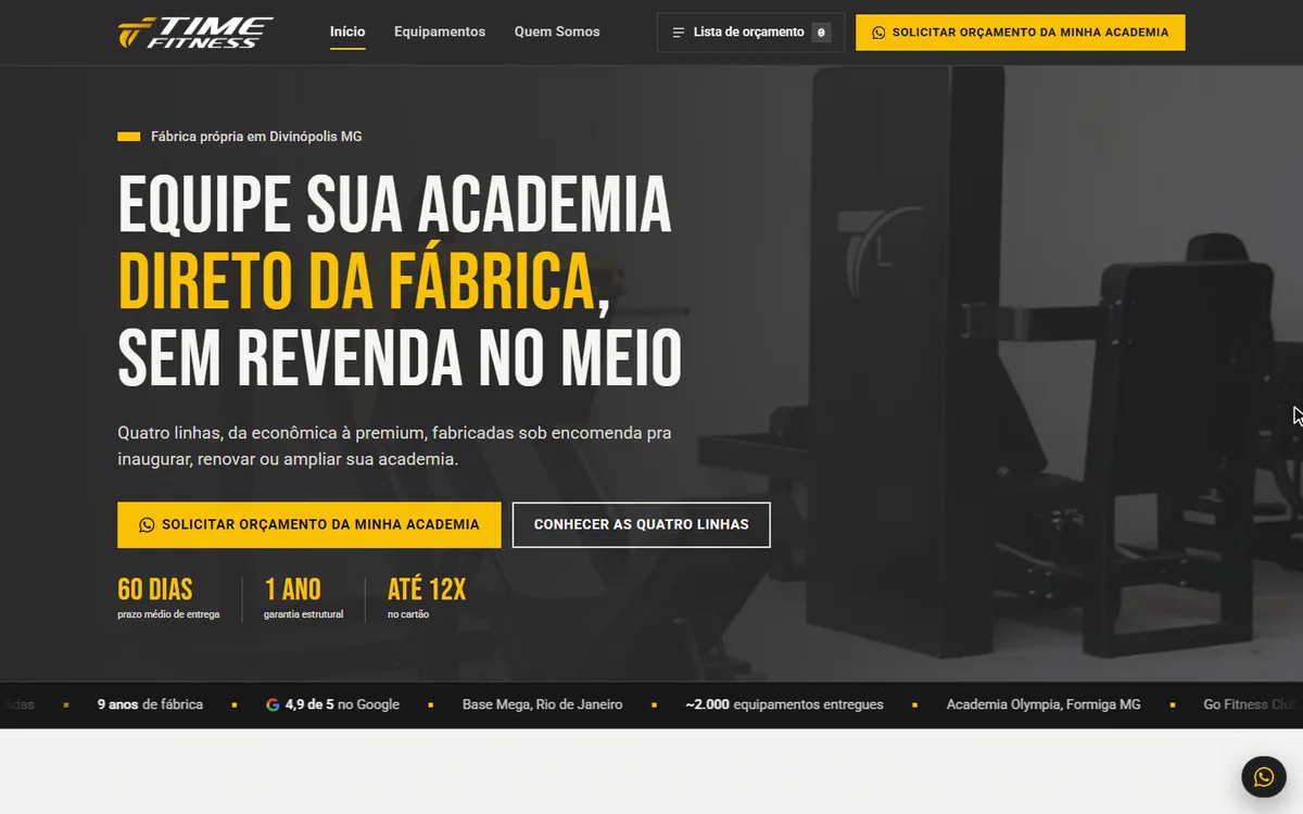 Site da Time Fitness, fábrica de equipamentos para academia