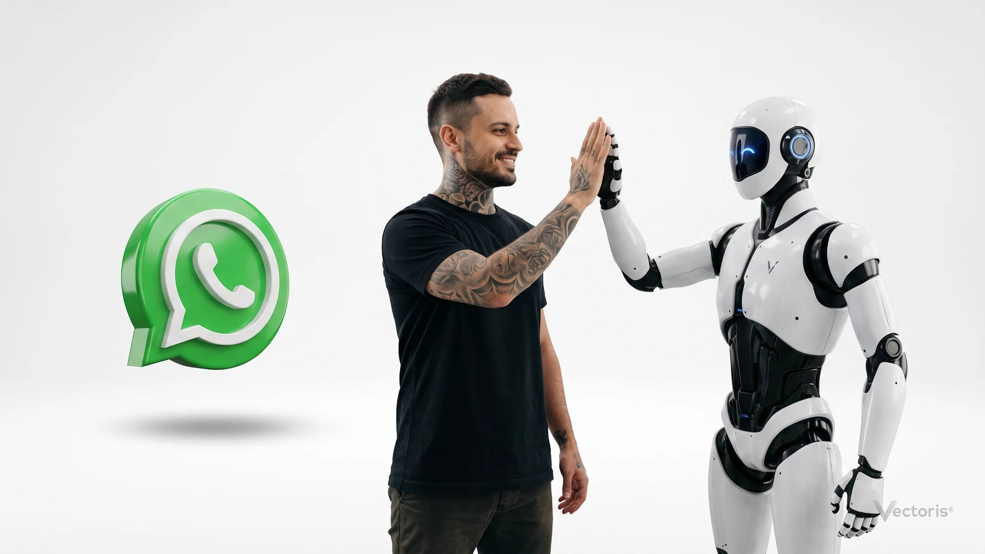 Robô do Agente de IA da Vectoris dando um high five no fundador, ao lado do ícone do WhatsApp
