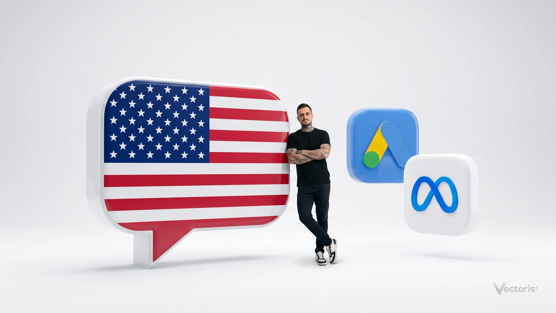 Balão de fala gigante com a bandeira dos Estados Unidos ao lado dos ícones do Google Ads e da Meta