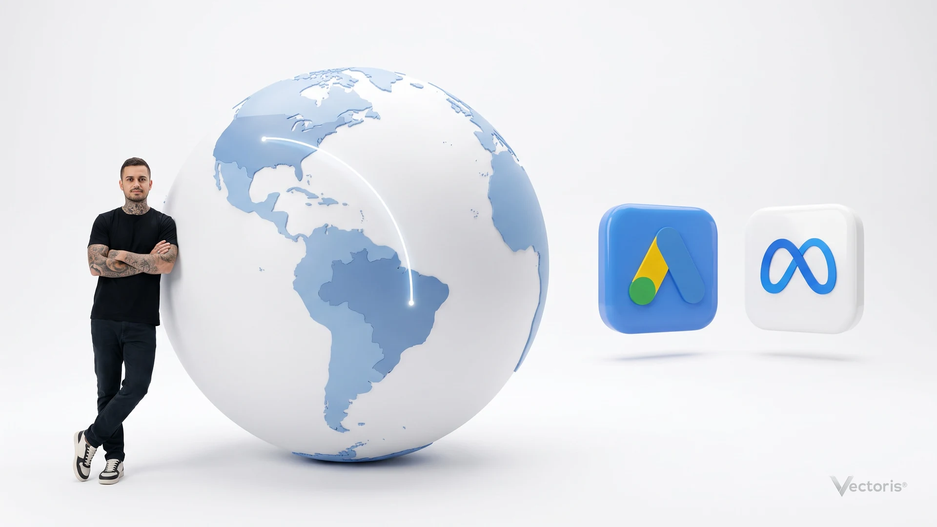 Globo terrestre com um arco de luz ligando Brasil e Estados Unidos, ao lado dos ícones do Google Ads e da Meta