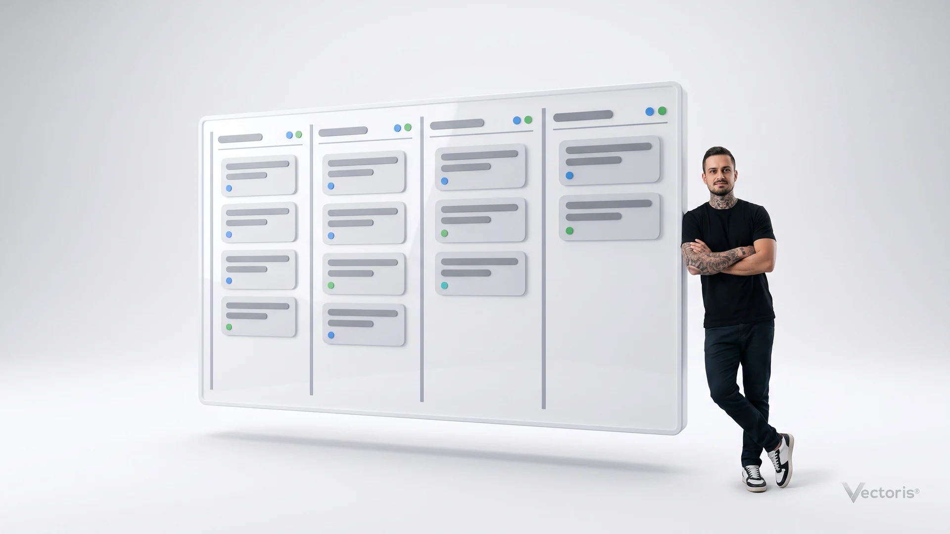 Painel de funil de vendas gigante em estúdio branco, com o fundador da Vectoris ao lado