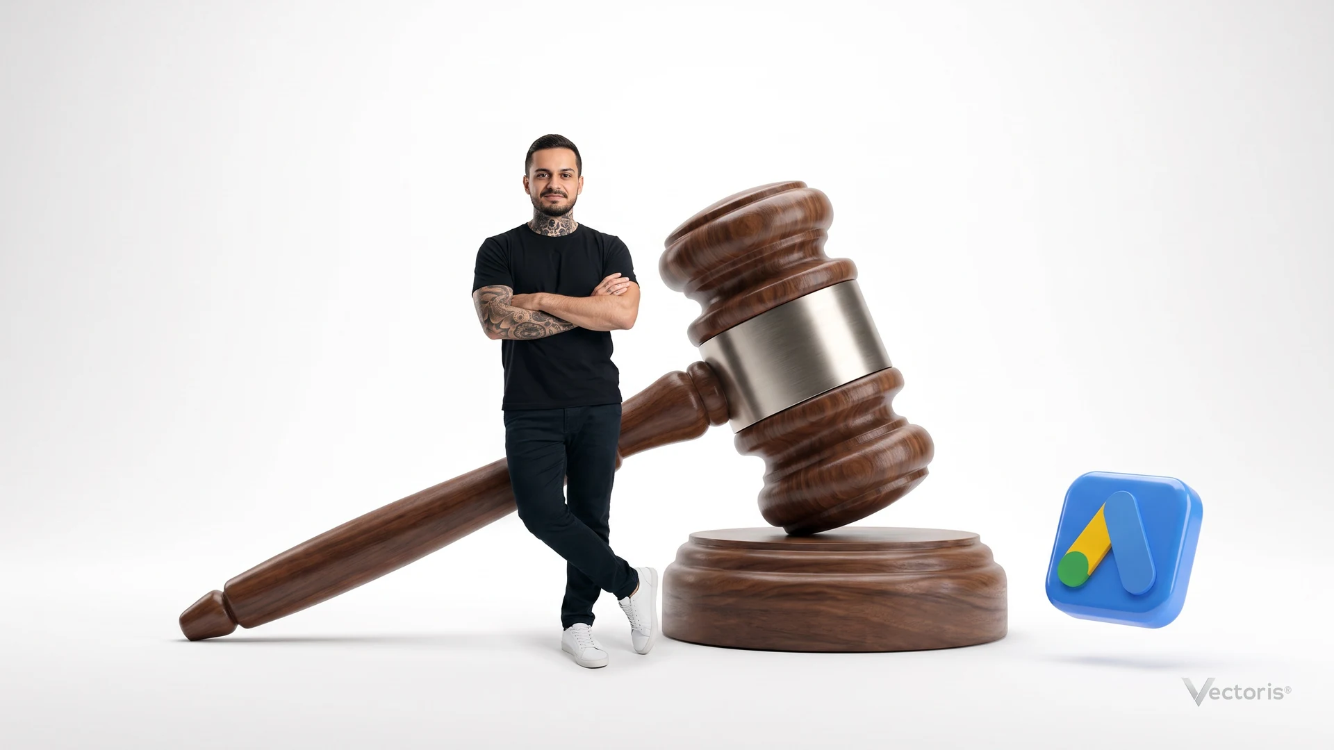 Martelo de juiz gigante em estúdio branco ao lado de um ícone do Google Ads