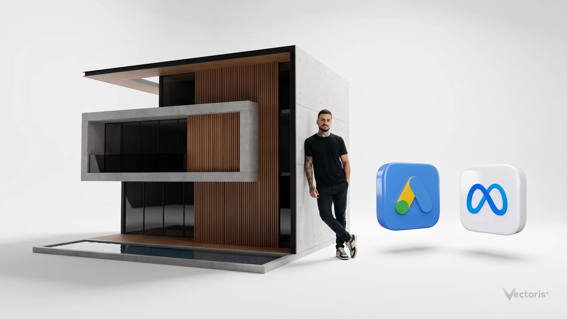 Maquete de casa moderna em estúdio branco ao lado dos ícones do Google Ads e da Meta